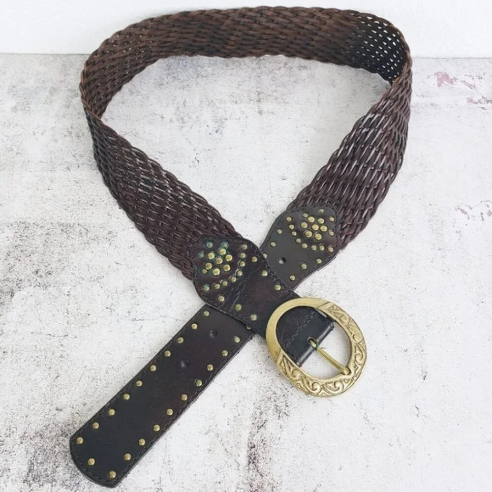 Vintage Bohemian Woven Braided Leather Wide Belt Brown size M